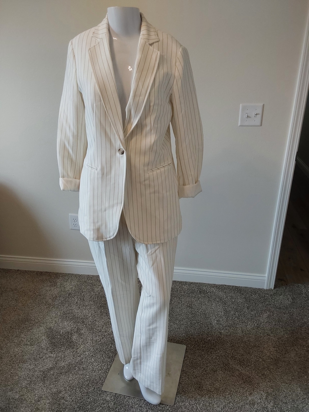 Anne Klein Cream Pinstripe Men's Blazer and Trousers Set